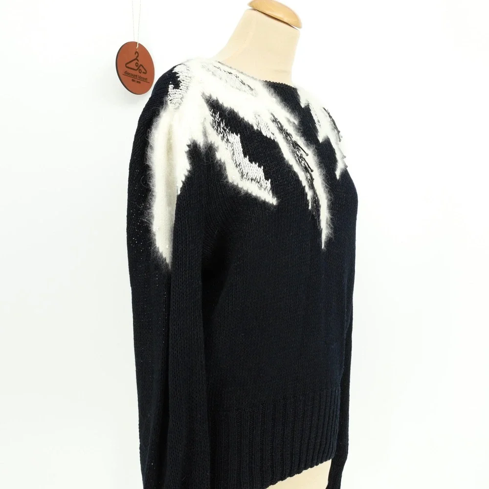 Vintage Magnolia Black White Angora Beaded Pearl Knit Sweater Womens Size Medium
